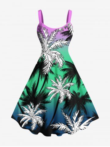 Plus Size Coconut Tree Ombre Colorblock Print Hawaii Tank Dress - GREEN - 4X
