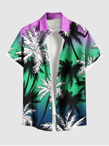 Plus Size Coconut Tree Ombre Colorblock Print Buttons Pocket Hawaii Shirt For Men - GREEN - L