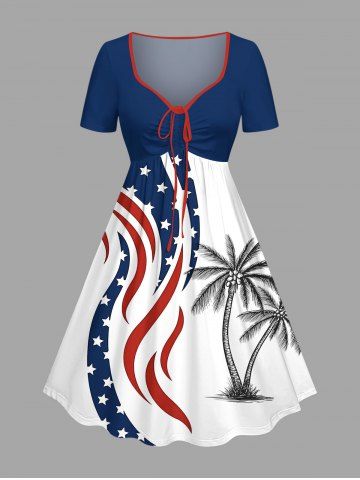 Plus Size Patriotic American Flag Coconut Tree Print Cinched Hawaii Dress - WHITE - 6X