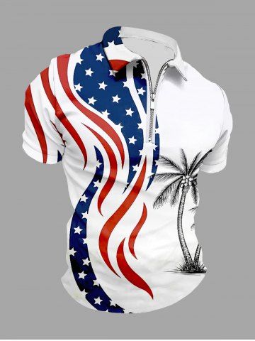 Plus Size Patriotic American Flag Coconut Tree Print Zipper Hawaii Polo Shirt For Men - WHITE - 6XL