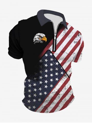 Plus Size Patriotic American Flag Eagle Print Zipper Polo Shirt For Men - BLACK - XS