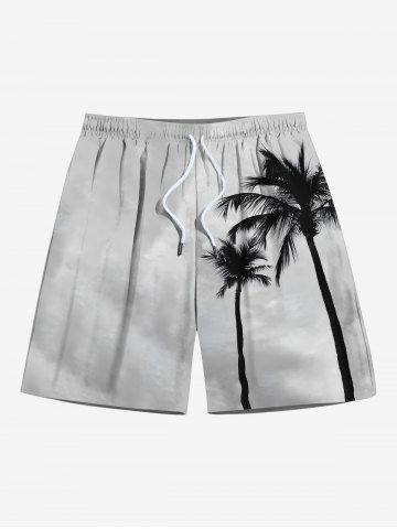 Plus Size Ombre Sky Coconut Tree Print Hawaii Drawstring Beach Shorts For Men - GRAY - 8XL