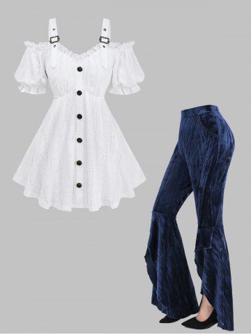 Haut ajouré en pointelle brodé en jacquard et pantalon évasé asymétrique en velours à volants, tenue grande taille - WHITE