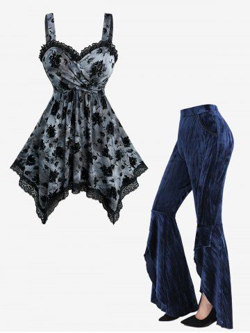 Débardeur croisé tie-dye à fleurs et volants, pantalon évasé asymétrique en velours, tenue grande taille - BLACK