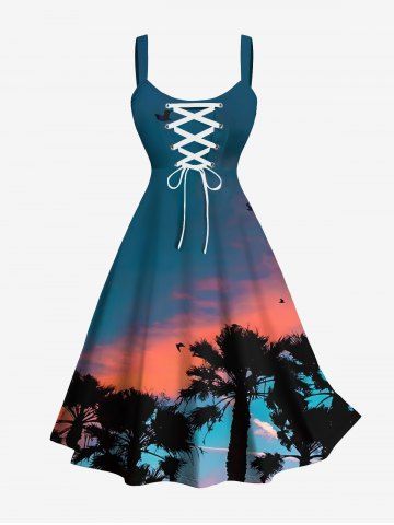 Plus Size Coconut Tree Ombre Dusk Print Hawaii Lace Up A Line Tank Dress - DEEP GREEN - 5X