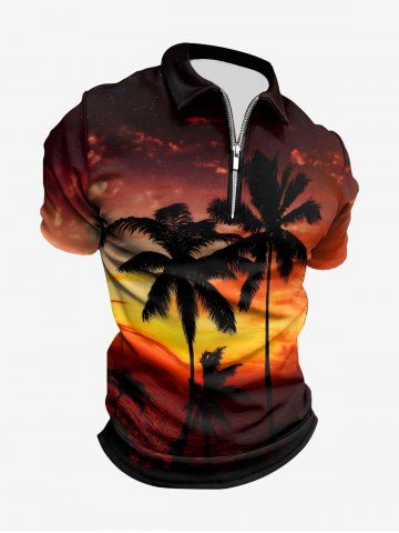 Plus Size Coconut Tree Ombre Dusk Print Hawaii Half Zipper Turn-down Collar Polo Shirt For Men - BLACK - XS
