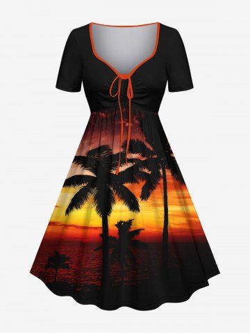 Plus Size Coconut Tree Ombre Dusk Print Hawaii Cinched A Line Dress - BLACK - 4X