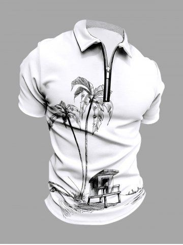 Plus Size Coconut Tree House Print Hawaii Half Zipper Turn-down Collar Polo Shirt For Men - WHITE - XS