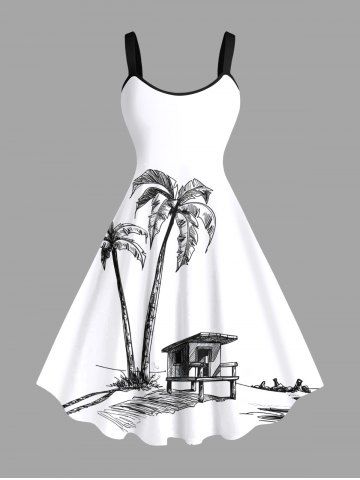 Plus Size Coconut Tree House Print Hawaii A Line Tank Dress - WHITE - XXS