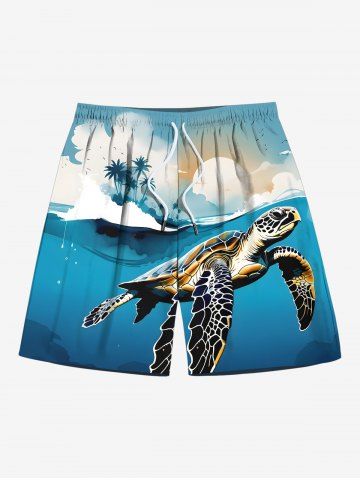 Plus Size Coconut Tree Sun Sea Turtle Print Hawaii Sea Creatures Drawstring Beach Shorts For Men - BLUE - XL