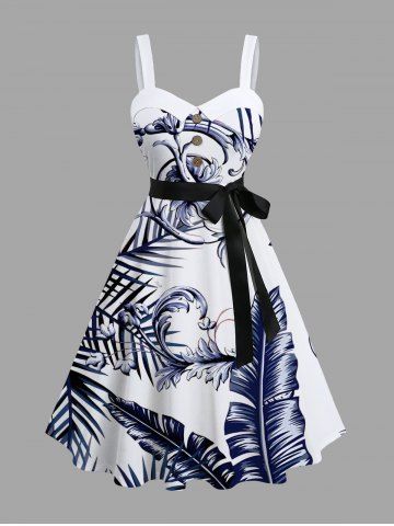 Plus Size Tropical Leaf Flower Print Hawaii Button A Line Tank Dress with Removable Belt - WHITE - 5X