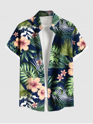 Plus Size Tropical Leaf Flower Print Hawaii Button Pocket Shirt For Men