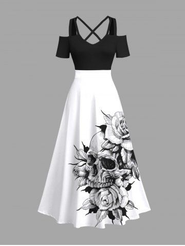 Plus Size Skull Rose Flower Print Cold Shoulder Crisscross Maxi Dress - WHITE - XS