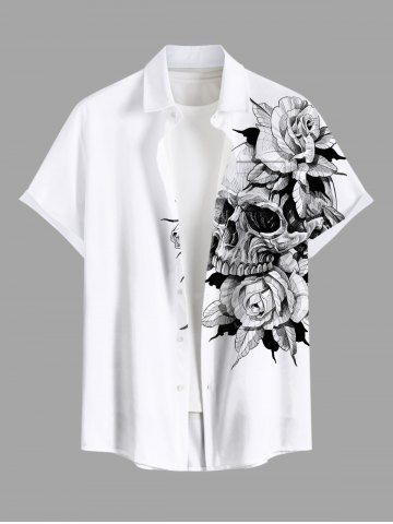 Plus Size Skull Rose Flower Print Buttons Pocket Shirt For Men - WHITE - 4XL