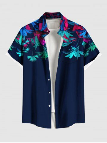 Plus Size Tropical Leaves Print Hawaii Button Pocket Shirt For Men - BLACK - M