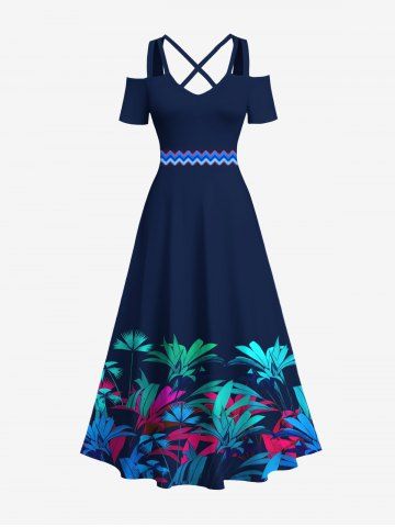 Plus Size Tropical Leaves Zig Zag Print Hawaii Cold Shoulder Crisscross Strappy A Line Maxi Dress - DEEP BLUE - XS