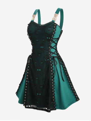 Plus Size Skull Mesh Overlay Lace Up Layered A Line Dress - BLACK - 1X | US 14-16