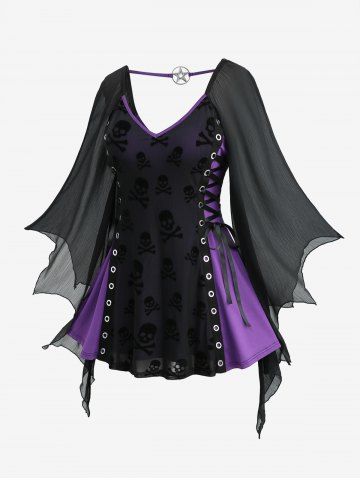 Plus Size Skulls Flocking Lace Up Grommets Flare Sleeves Top - BLACK - 3X | US 22-24