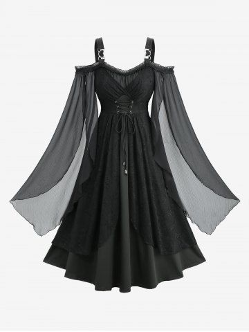 Plus Size Floral Lace Panel Lace-up Ruffles Chiffon Textured Split Flare Sleeve A Line Tank Dress - BLACK - L | US 12