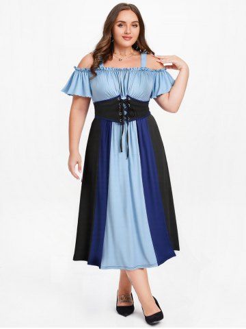 Plus Size Medieval Renaissance Cold Shoulder Ruched Ruffles Colorblock Lace Up Belted Vintage Corset A Line Dress - BLUE - 1X | US 14-16