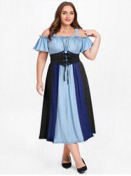 Plus Size Cold Shoulder Ruched Ruffles Colorblock Patchwork Lace Up Belted Vintage Corset A Line Dress -  
