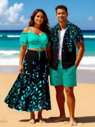 Vine Leaf Print Plus Size Matching Hawaii Beach Outfit For Couples -  