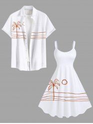 Tenue de plage hawaïenne assortie grande taille, motif cocotier, soleil, vagues, mer, imprimé bonhomme allumette, pour couples - Blanc 