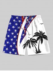 Plus Size Patriotic American Flag Coconut Tree Print Hawaii Beach Shorts For Men -  