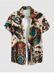 Plus Size Coconut Tree Hibiscus Flowers Skull Fire Flame Eagle Print Buttons Pocket Hawaii Shirt For Men -  
