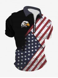 Plus Size Patriotic American Flag Eagle Print Zipper Polo Shirt For Men -  