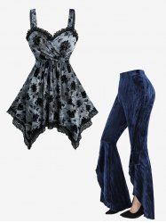 Flower Flocking Tie Dye Crossover Tank Top and Ruffles High Low Asymmetric Velvet Flare Pants Plus Size Outfit -  