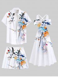 Colorful Watercolor Flower Leaf Branch Print Plus Size Matching Hawaii Beach Outfit For Couples -  