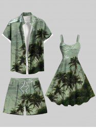 Tenue de plage hawaïenne assortie grande taille à imprimé cocotier et vagues pour couples - Vert 