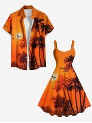 Tenue de plage hawaïenne assortie grande taille à imprimé cocotier et coucher de soleil pour couples - Orange Foncé 