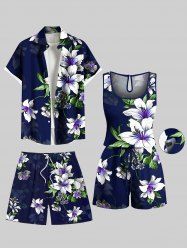 Matching Hawaii Shirt Short and Romper Plus Size Beach Outfit Lily Flower Leaf Print For Couples -  