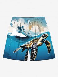 Plus Size Coconut Tree Sun Sea Turtle Print Hawaii Sea Creatures Drawstring Beach Shorts For Men -  