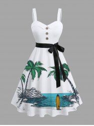 Plus Size Coconut Tree Sea Print Hawaii Button A Line Dress with Removable Belt -  