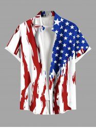 Plus Size Patriotic American Flag Paint Brushing Print Buttons Pocket Shirt For Men -  