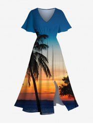 Robe mi-longue hawaïenne grande taille à imprimé cocotiers ombré et crépuscule - Bleu L