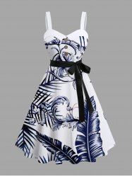 Plus Size Tropical Leaf Flower Print Hawaii Button A Line Tank Dress with Removable Belt -  