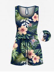 Plus Size Tropical Leaf Flower Print Hawaii Drawstring Pocket Romper -  