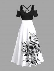 Robe longue croisée à épaules dénudées et imprimé tête de mort et roses, grande taille - Blanc 4X