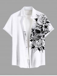 Chemise grande taille à boutons et poches pour homme, avec imprimé tête de mort et roses - Blanc 4XL