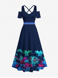 Robe longue hawaïenne grande taille à imprimé feuilles tropicales en zigzag, épaules dénudées, bretelles croisées, coupe trapèze - Bleu profond 6X