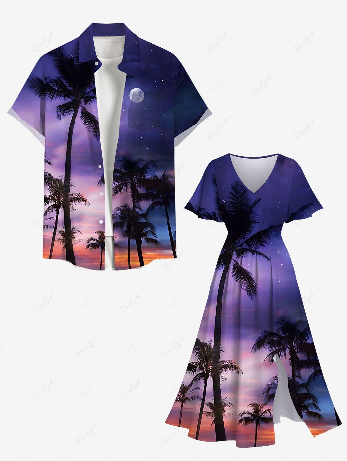 Store Coconut Tree Ombre Galaxy Dusk Print Plus Size Matching Hawaii Beach Outfit For Couples  