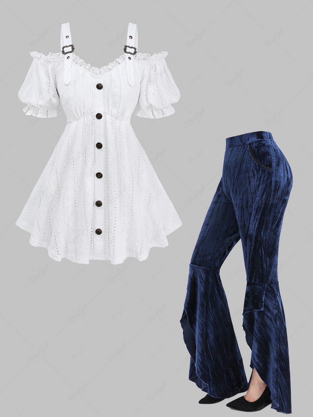 Cheap Jacquard Embroidery Pointelle Hollow Out Top and Ruffles High Low Asymmetric Velvet Flare Pants Plus Size Outfit  
