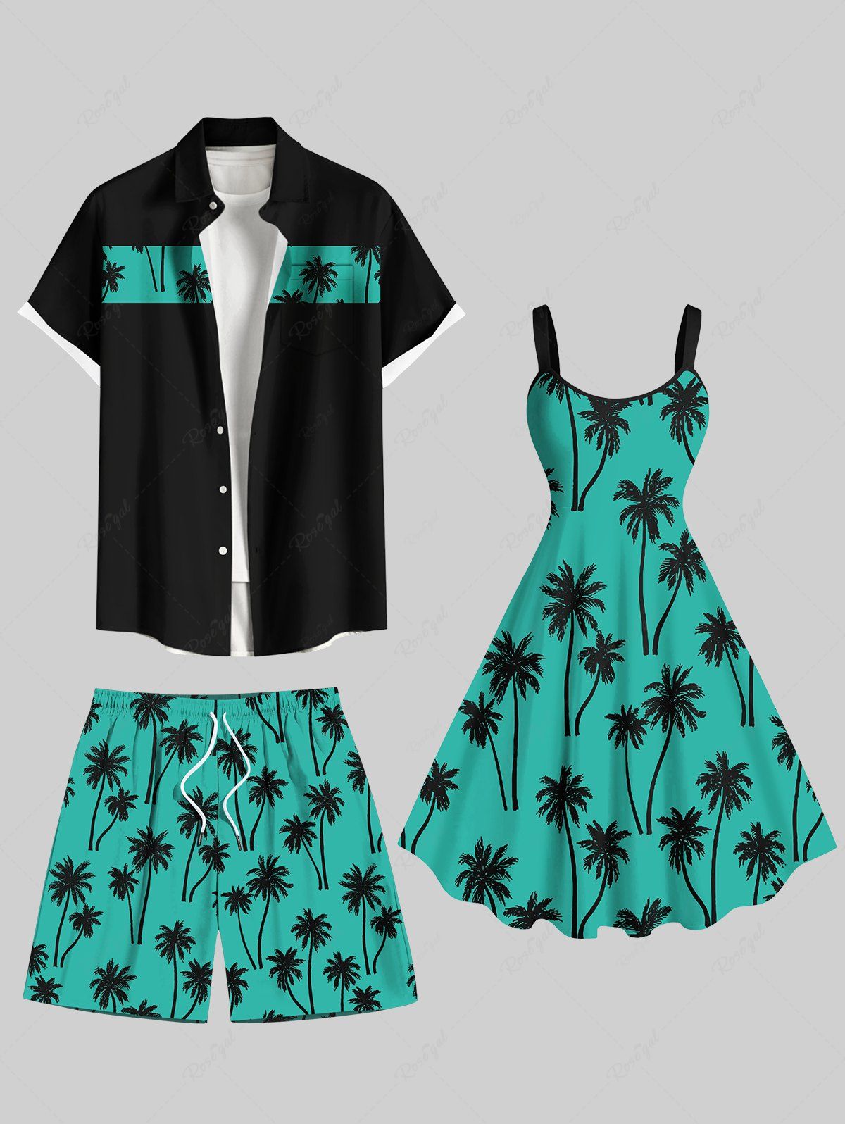 Tenue de plage hawaïenne assortie grande taille à imprimé cocotier pour couples Vert 