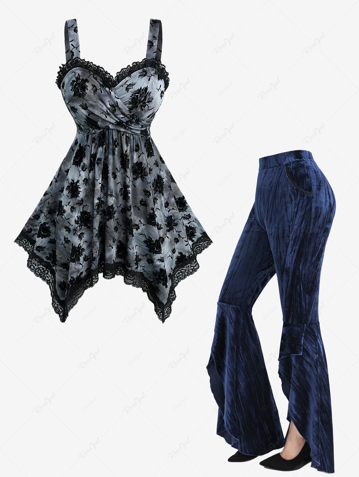 Outfits Flower Flocking Tie Dye Crossover Tank Top and Ruffles High Low Asymmetric Velvet Flare Pants Plus Size Outfit  