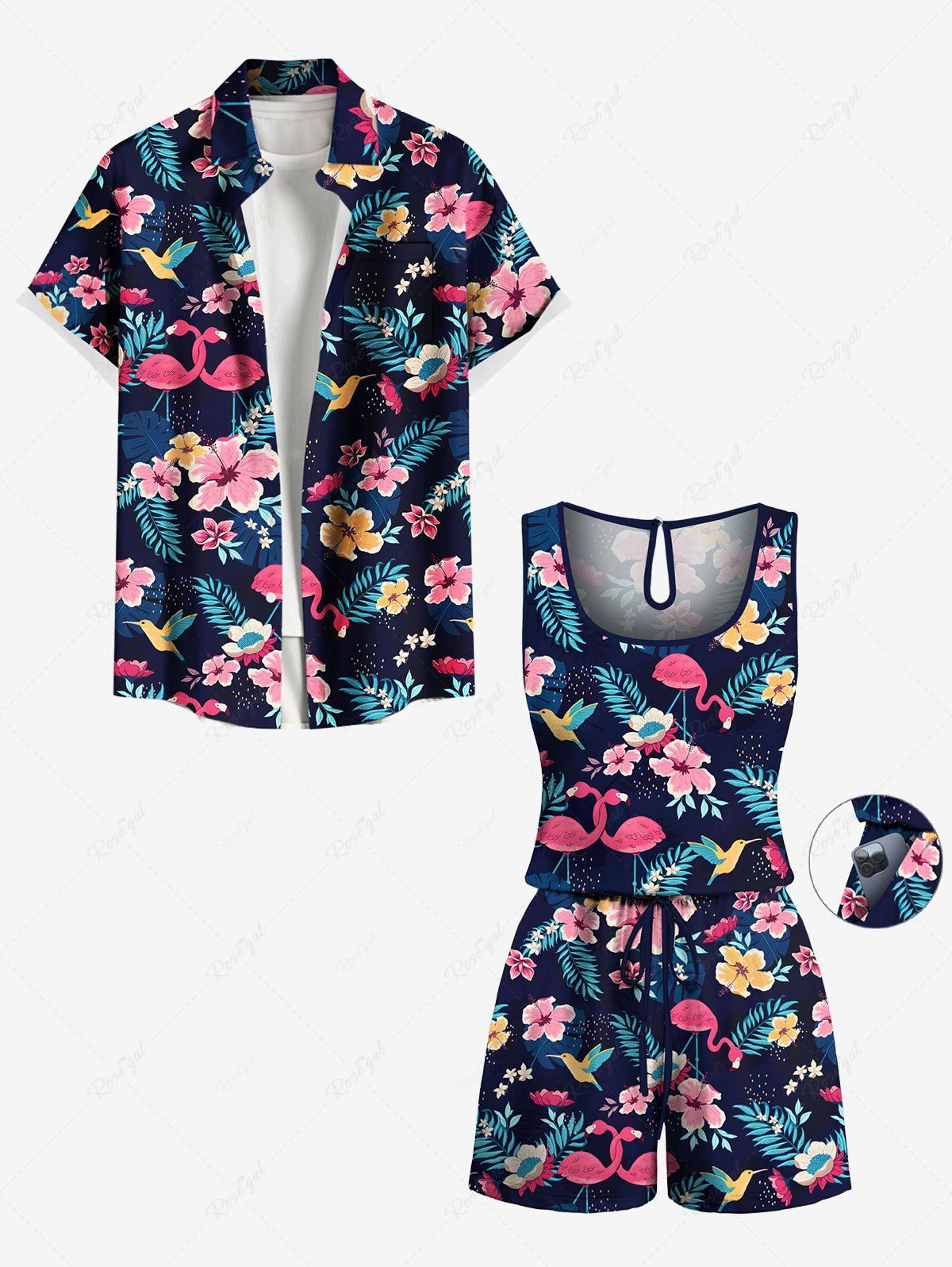 Ensemble chemise et barboteuse hawaïennes assorties, grande taille, tenue de plage, imprimé feuilles tropicales et hibiscus, pour couples Bleu profond 