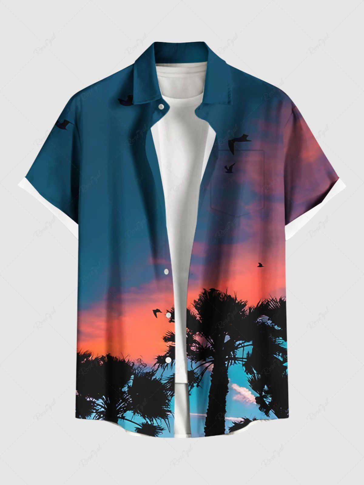 Best Plus Size Coconut Tree Ombre Dusk Print Hawaii Button Pocket Shirt For Men  